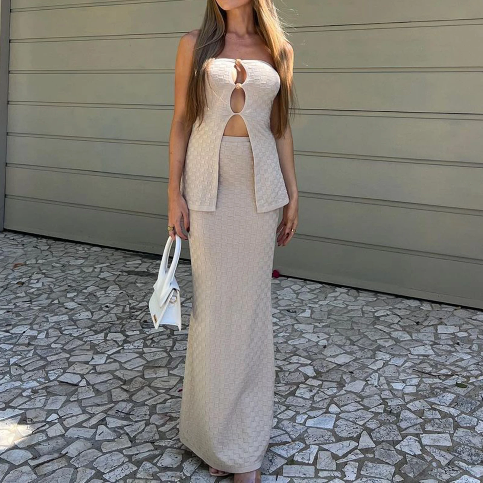 

Women Summer 2 Piece Outfits Solid Color Ladies Sleeveless Top Skirt Y2K Sexy Style Hollow Out Backless Vacation Outfit