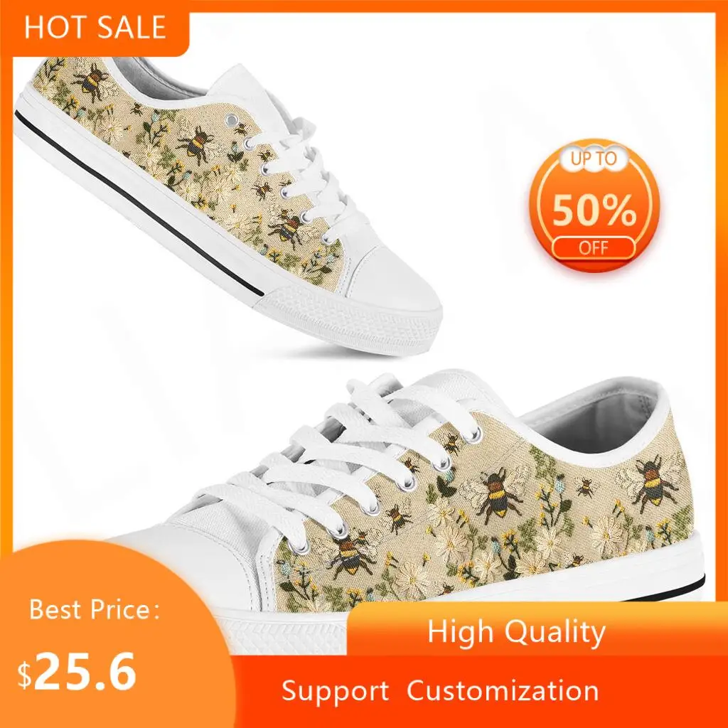 

BKQU Fashion Cute Bees Daisy Flower Women Sneakers Casual Shoes Female Summer Canvas Shoes Trainers Lace Up Ladies femme tenis