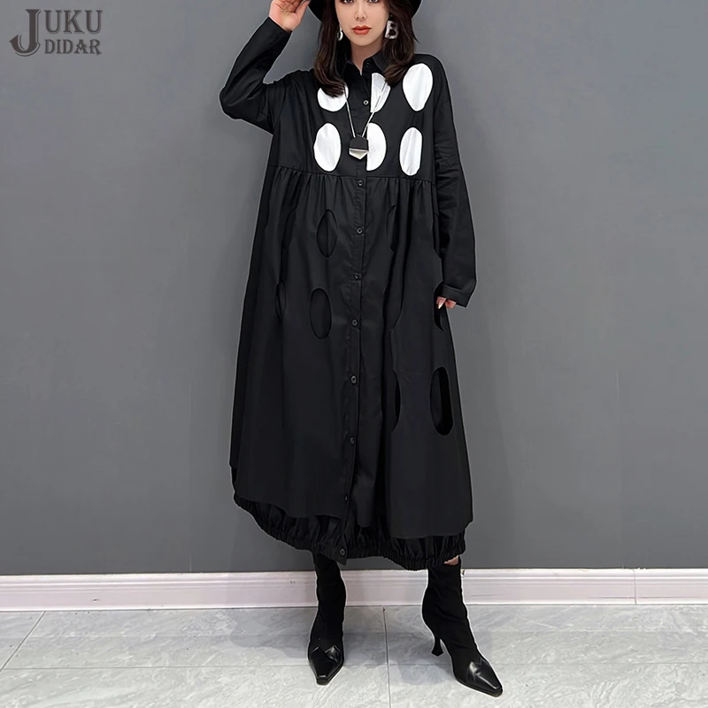 Dots Printed Holes Design Two Layers Autumn Japanese Style Long Shirt Dress Black Green Loose Fit Casual Big Size Robe JJXD246