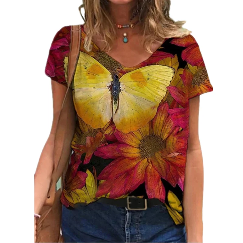 

Fashion Flower Print Women Summer T Shirt Casual V-Neck Short Sleeve Ladies Tops 3XL Loose Female Streetwear T Shirts