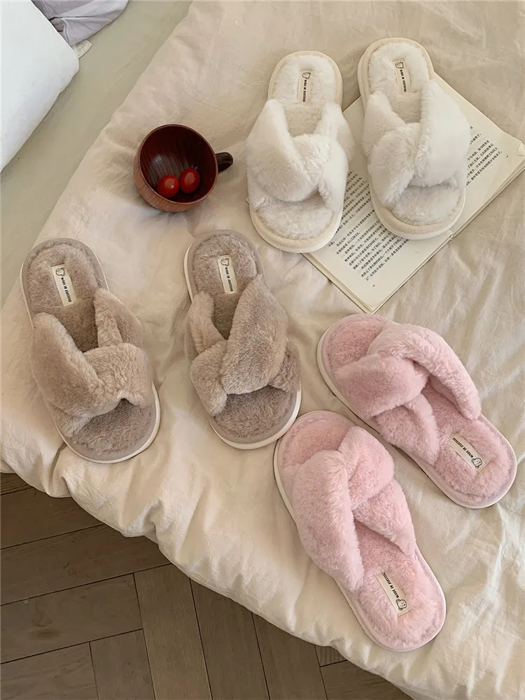 2022 Winter Plush Slippers Female Autumn And Winter Fairy Style Korean INS Home Anti-skid Plush Cross Cotton Home Slippers