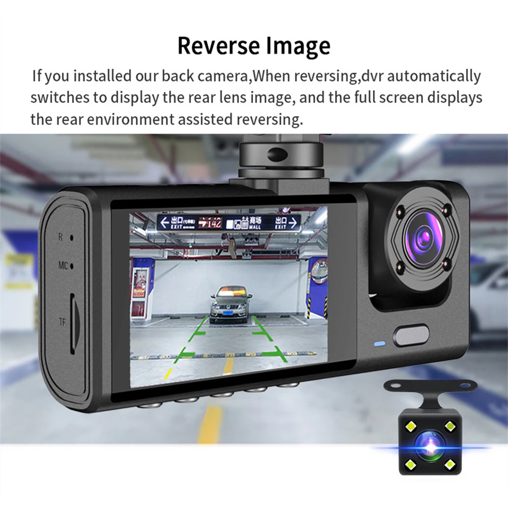 

Auto 3 Lenses Dash Cam 2-inch Screen Loop Recording Battery Powered Camera