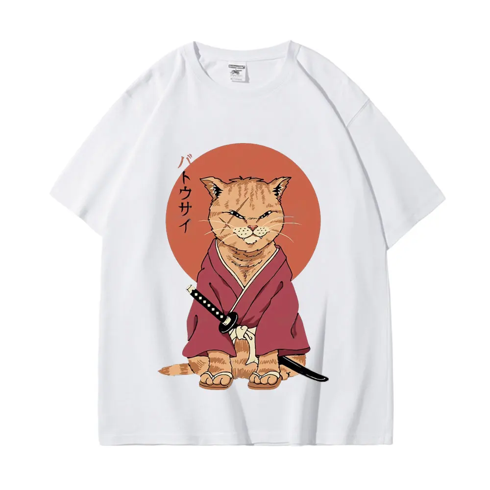 

2023 Hot Sale Japan Cat Samurai Graphics T Shirts Summer Street Casual 100%cotton T-shirt Men Women Fashion Anime Style T-shirts