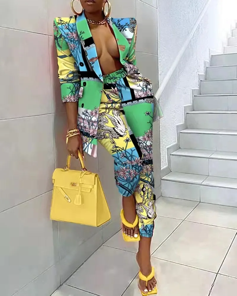 

Women Sets Pants Suit Tie Dye Print Full Sleeve Notched Blazer + Pants Suits Two 2 Piece Sets Autumn Office Lady Work