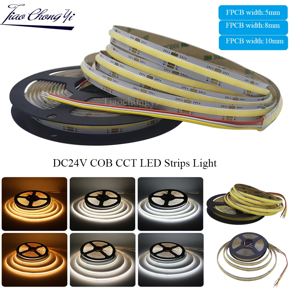 CCT COB LED Strip Light 5M High Density Dual Colour Warm Cool White Dimmable Linear Lights  24V 576leds/m Flexible Tape Rope