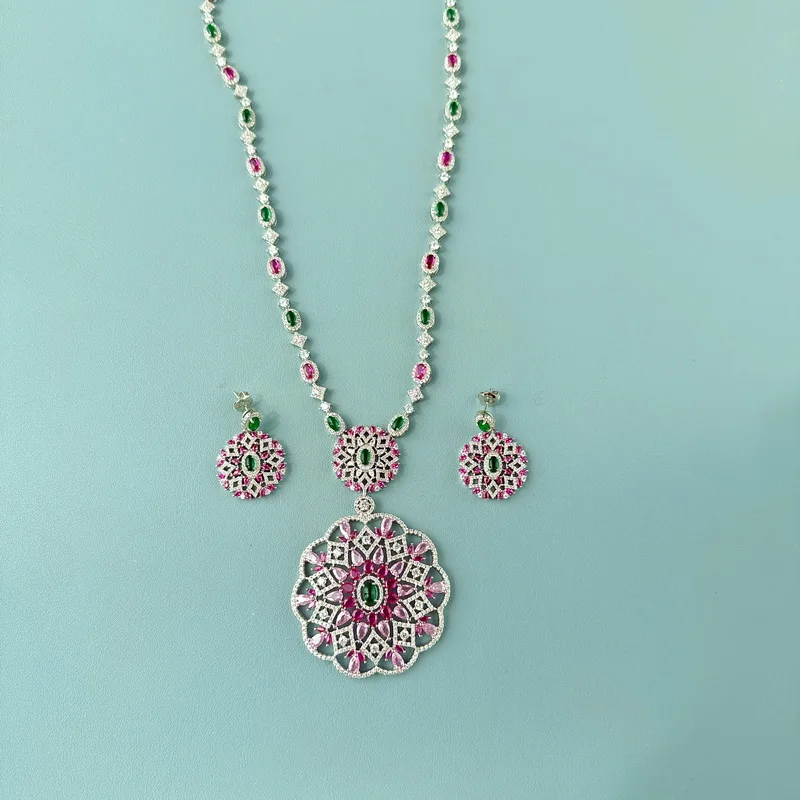 

Designer Collection Fashion Long Necklace Earrings Women Lady Inlay Colored Cubic Zircon Plated Gold Color Flower Pendant Chain