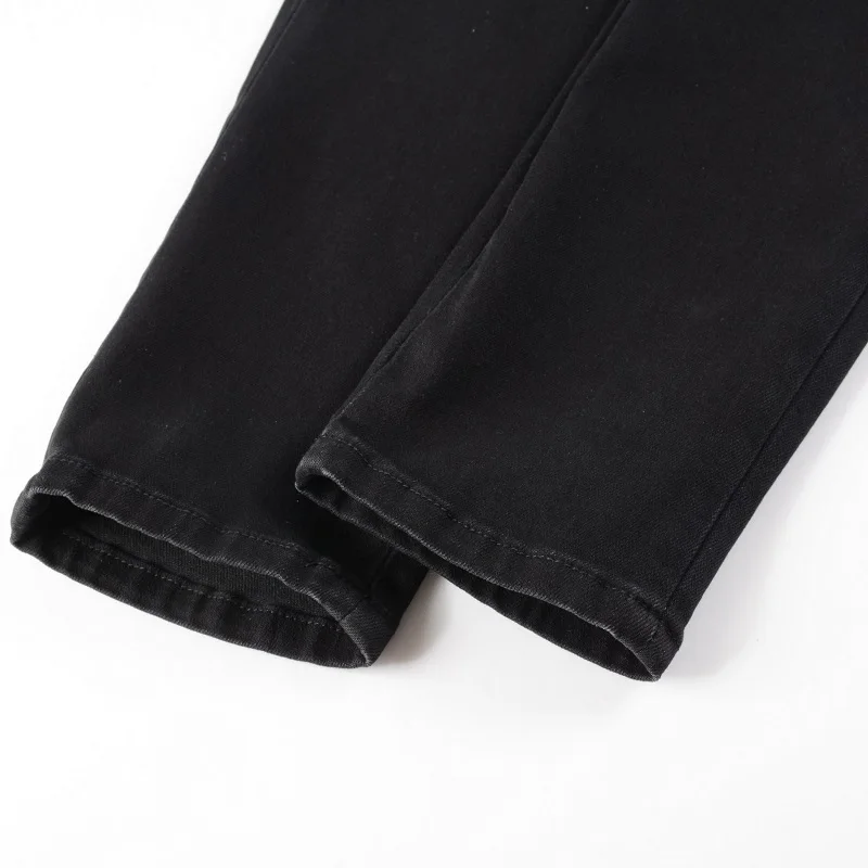 New Arrivals Steetwear Style Skinny Stretch Holes Black Embroidered Snake Patch Slim High Street Distressed Ripped Jeans