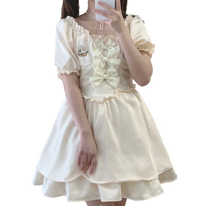 

Lolita Girls Short Puff Sleeve Dress Women 2022 Japanese Kawaii Fashion Cat Print Vintage Bow Elegant Ruffle Neck Party Dresses