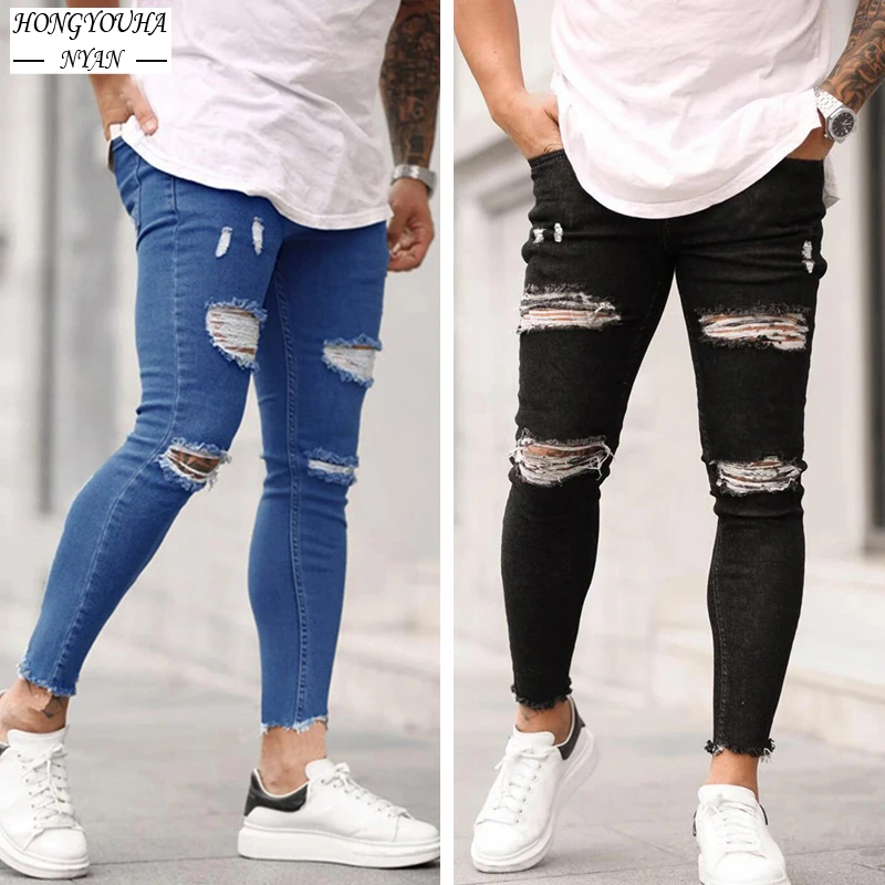 2022 Fashion Slim Fit Ripped Mens Jeans Hip Hop Black Vintage Streetwear Men's Denim Pants Washed Oversized Boyfriend Clothes