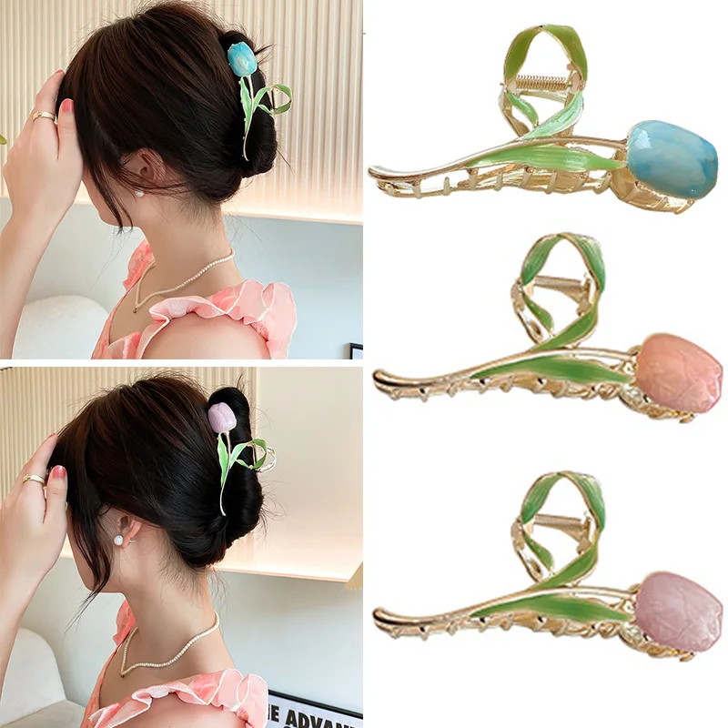 

Korean Hair Accessories 3D Tulip Crab Hair Clip Metal Hair Claw Summer Hair Claw Clip Barrettes Flower Metal Shark Clip Elegant