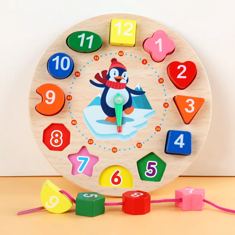 

Kids Early Educational Threading Assembly Toy Geometric Shape Wooden Clock Puzzles Colorful Tangram Cognitive Digital Clock