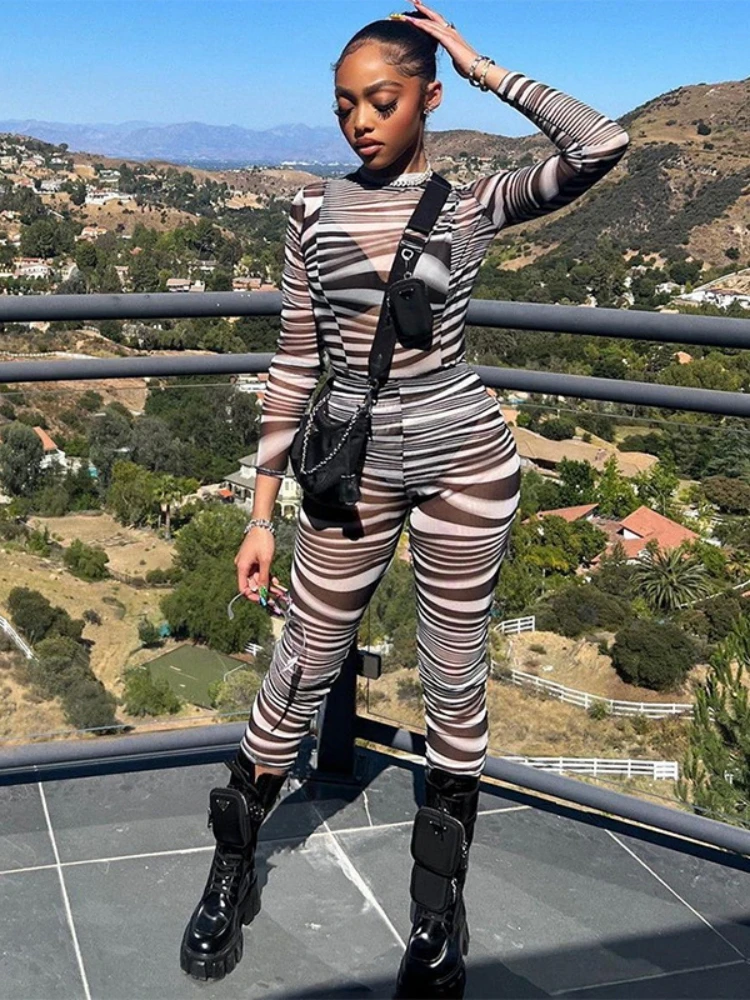 

Zebra Striped 2 Piece Sets Womens Outfits O-Neck Bodysuit Long Pants Conjunto Femenino Slim Ensemble Femme 2 Pièces Y2k Clothes