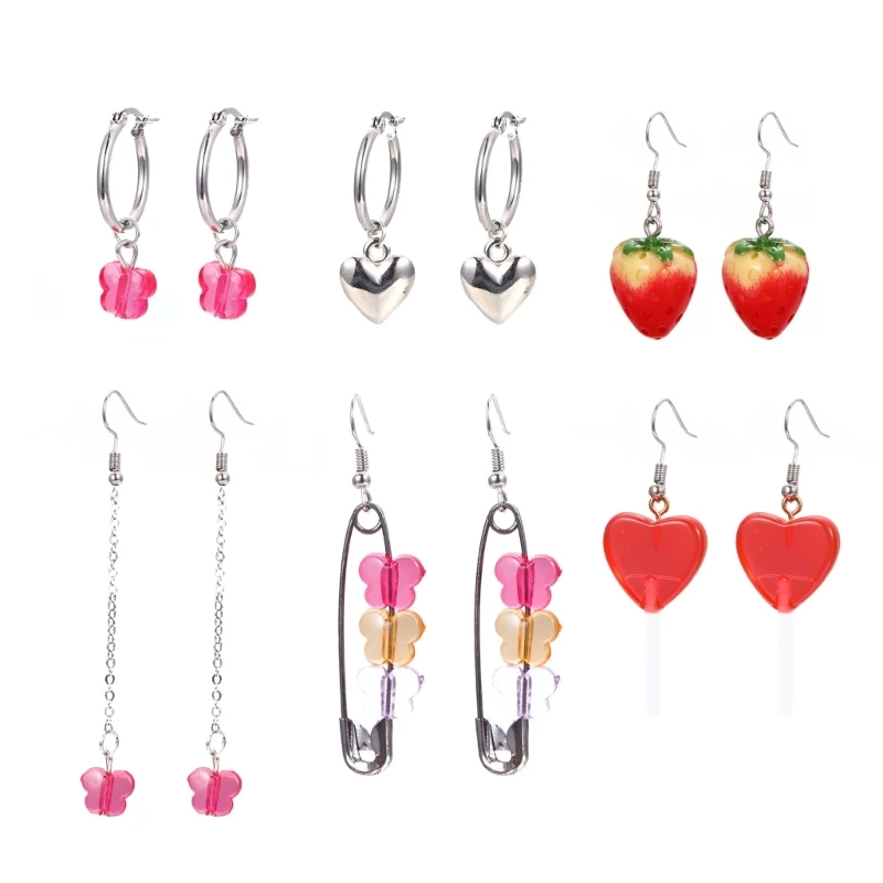 

6Pairs Colorful Vintage Geometry Earrings Set Resin Heart Earrings K3ND