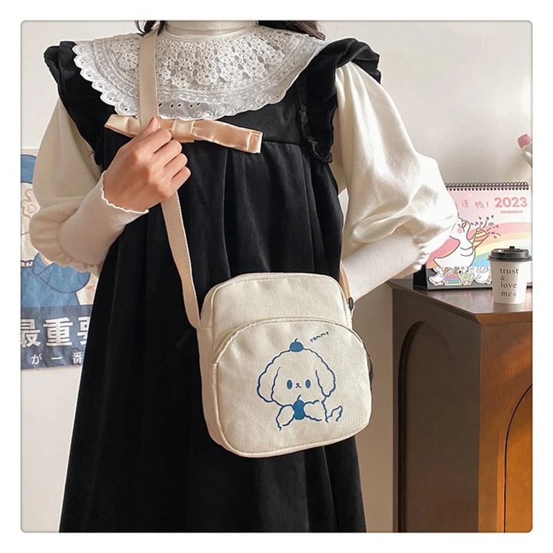 Cute Student Canvas Small Bag Girl Crossbody Bag Fashion Simple Messenger Tote Bag Zipper Cloth Fabric Mobile Phone Bag