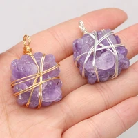 natural stone amethyst irregular winding wire pendant for jewelry making diy necklace earring accessories gem charm gift 24x36mm