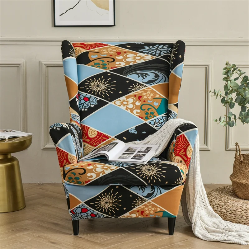 

Printed Wing Chair Cover Stretch Spandex Wingback Sofa Covers Removable Lounge Armchair Slipcovers with Seat Cushion Case Hogar