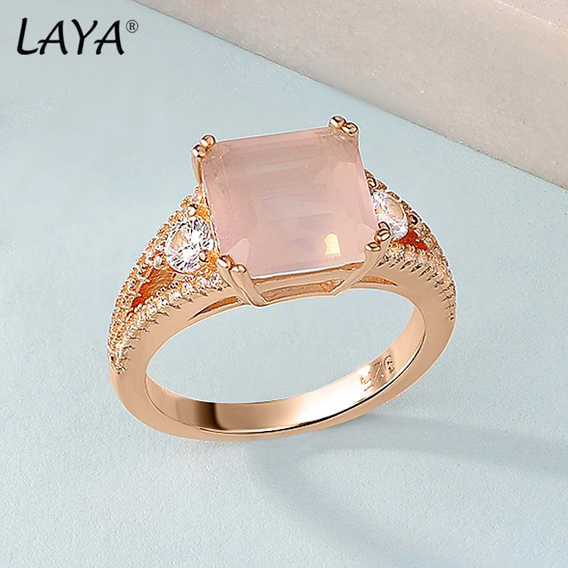 

LAYA Princess Cut Natural Rose Quartz 925 Sterling Silver Women's Ring Light Pink 4 Carats Gemstone Romantic Style For Lady