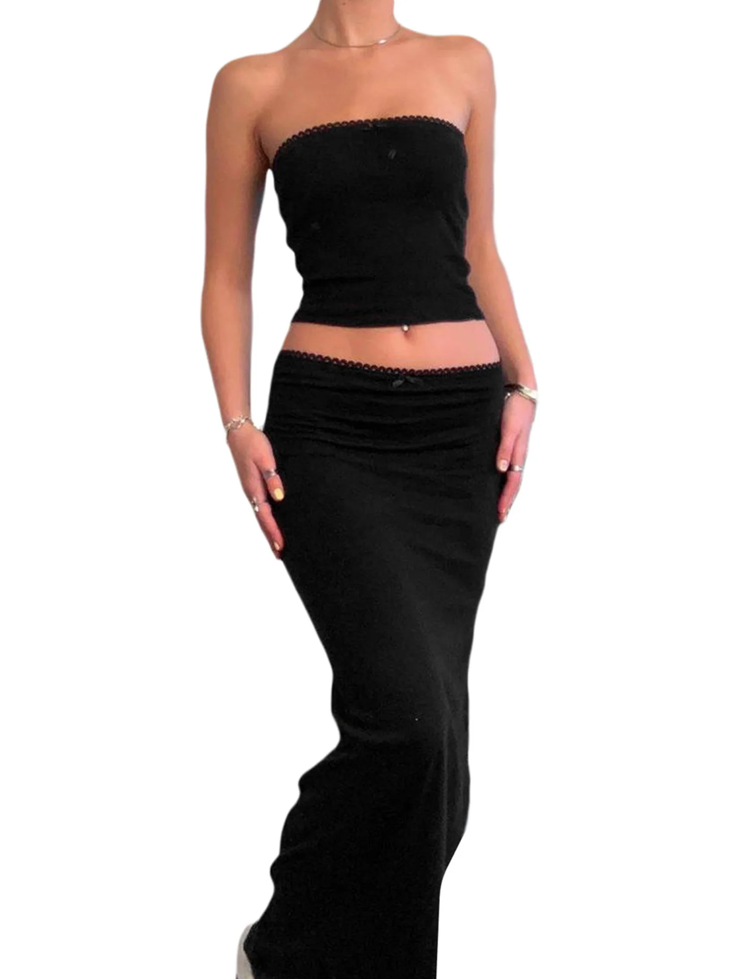 

Элегантный Кружевной укороченный Топ без бретелек и облегающая юбка макси для женщин-сексуальный комплект из 2 предметов для лета Y2K