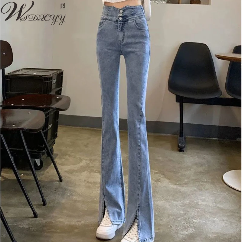 

Women Stretch Tight Flare Jeans High Waist Elegant Washde Denim Pants 2022 Spring Summer Ladie New Korean Fashion Casual Trouser