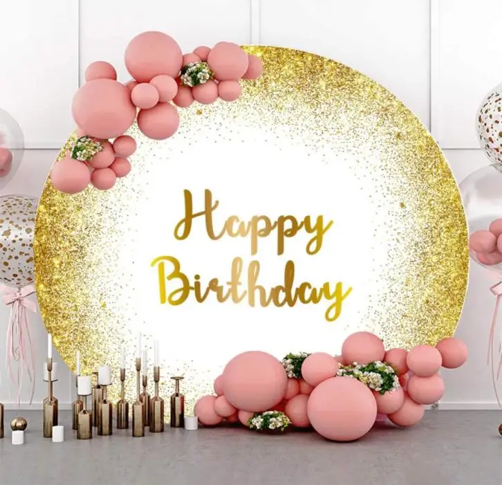 

Happy Birthday Round Backdrop Gold Sequins Glitter Birthday Party Kids Adult Photo Shoot Studio Props Photography Backdrops