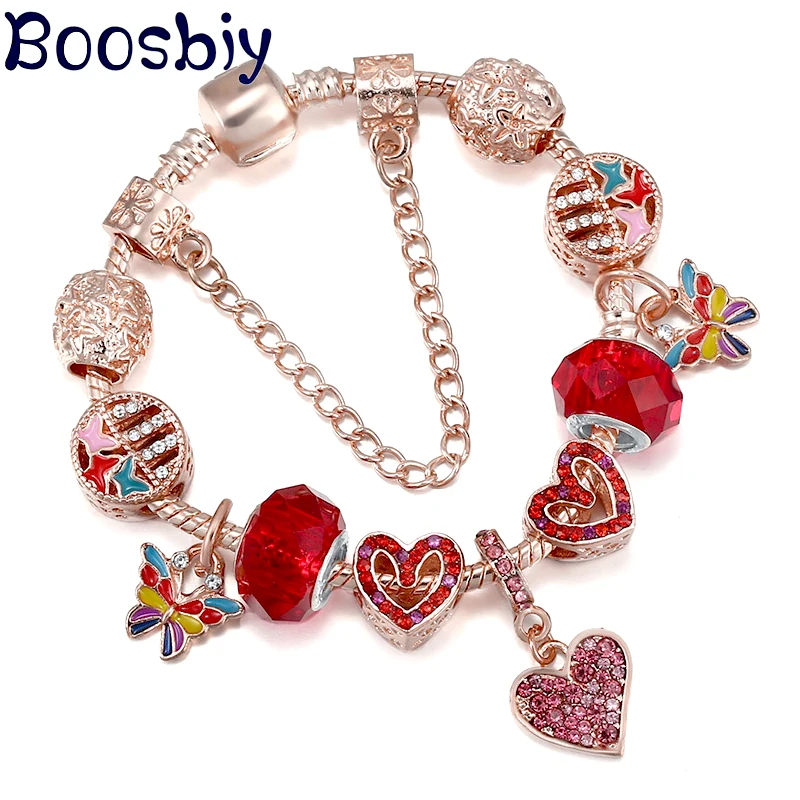 

Pink Pave Hearts Beads With Colorful Butterfly Pendant Charm Bracelet For Women Fashion Brand Jewelry Gift New Design