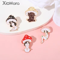 cartoon mushroom girls enamel pins 4 style vintage black white lady brooches on clothes backpack decorative pins for friend gift