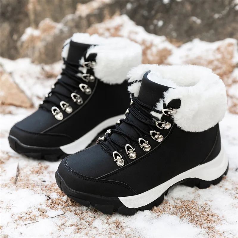 Women Hiking Shoes Winter Outdoor Sports Hiking Boots Waterproof Mountain Shoes High Top Non-slip Sneakers Snow Boots Warm Plush