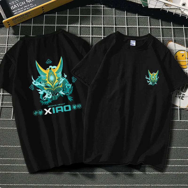 

Anime Game Genshin T-shirt Cotton Summer Hutao Xiao Kaedehara Kazuha Black and White Gray Simple Print Short Sleeve
