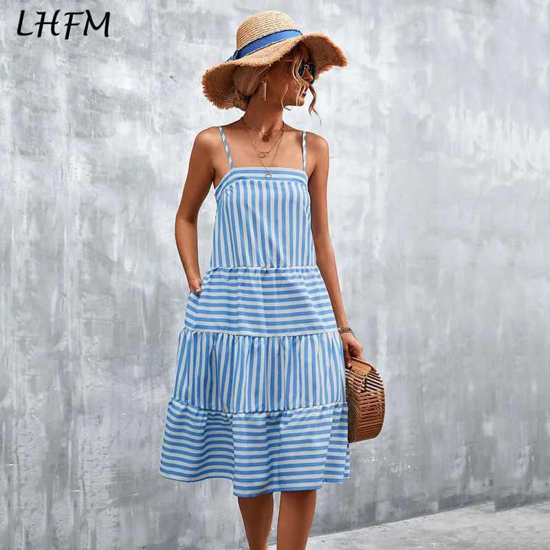 

Женское платье в полоску с оборками LHFM, синее платье на бретелях-спагетти, летние свободные платья без рукавов с открытой спиной и карманами...