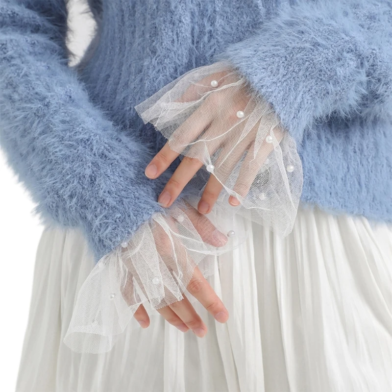 

40GC False Lace Cuffs Sweater Decorative Wristband False Flare Sleeves Imtation Pearl