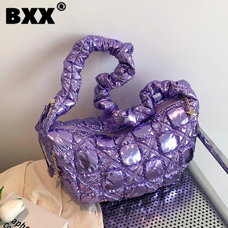 

[BXX] Серебряная блестящая плиссированная сумка на плечо для женщин 2023 Новая модная сумка через плечо для покупок женская сумка 8AB303