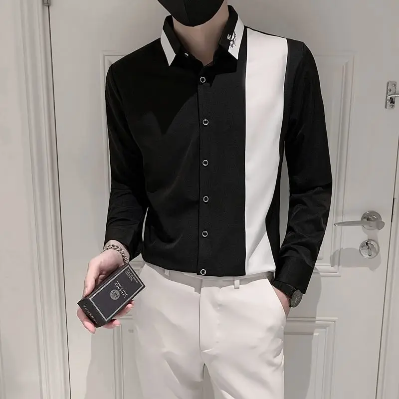 Fashion Lapel Button Spliced Letter Embroidery Asymmetrical Shirt Men's Clothing 2022 Autumn New Casual Tops All-match Shirts