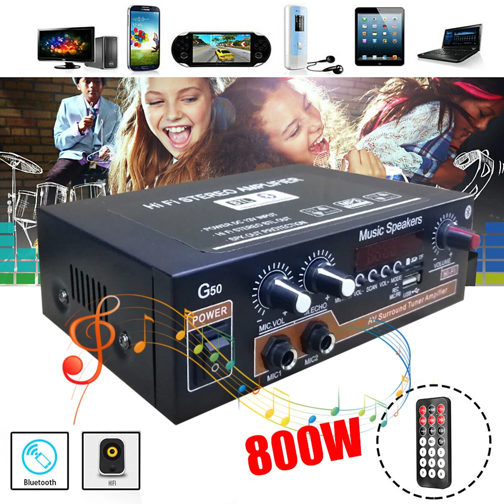 Цифровой усилитель мощности 800 Вт Bluetooth 5 0 Hi-Fi с пультом ДУ | Многоканальные