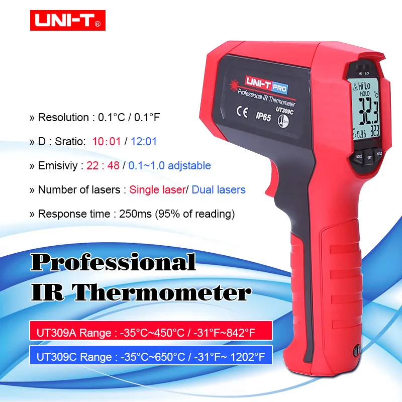 

UNI-T UT309A/UT309C Non-Contact Infrared Temperature Thermometer Range -35C-450C High and Low Temperature Alarm Function
