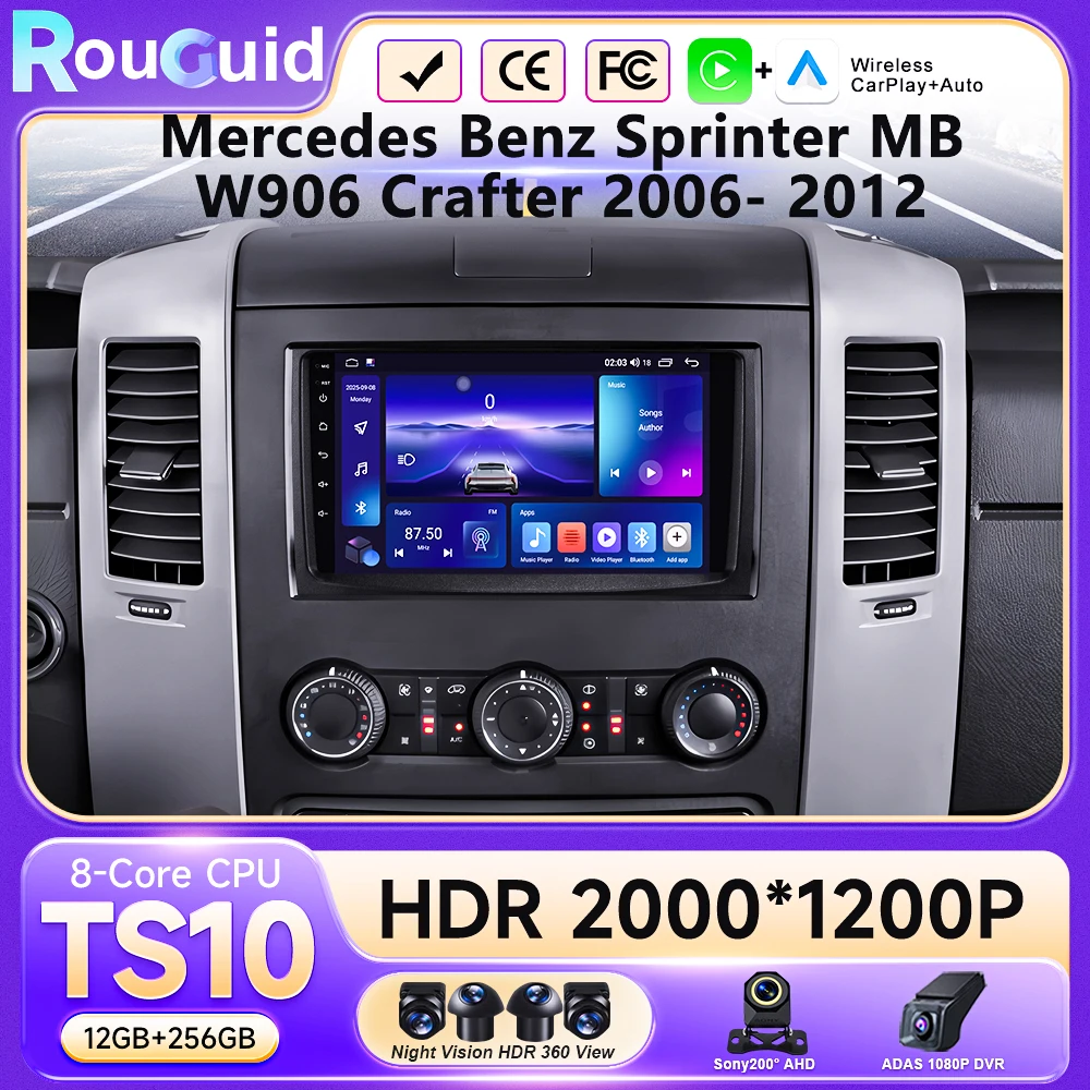 Фото Автомагнитола Android 16 для Mercedes Benz Sprinter MB W906 Crafter 2006-2012 с беспроводным CarPlay, мультимедийное головное устройство №1