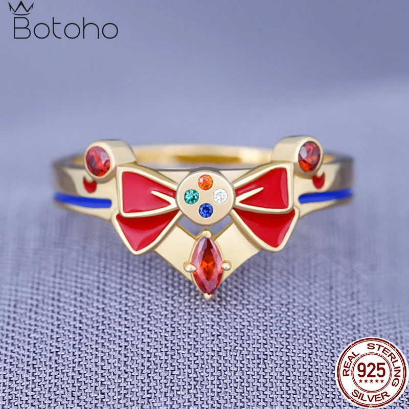 

925 Sterling Silver Ring Anime Tsukino Usagi Red Enamel Ring for Women Girls Finger Ring Fans Cosplay Jewelry
