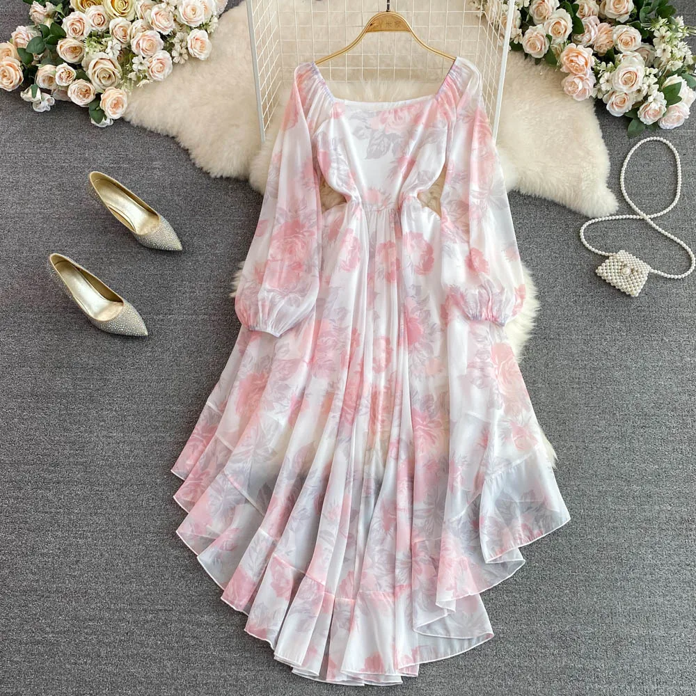 

Autumn Vintage Dress for Women Long Sleeve Square Collar Wave Cut Female Vestidos High Waist Bin Swing Lerrgular Robe Vacation