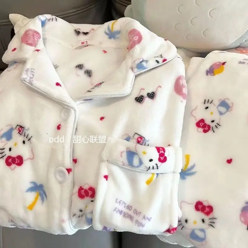 

Sanrio Hellokitty Mymelody Kuromi Cinnamoroll Pachacco Мультяшные пижамы коралловый бархатный кардиган фланелевый утепленный домашний костюм