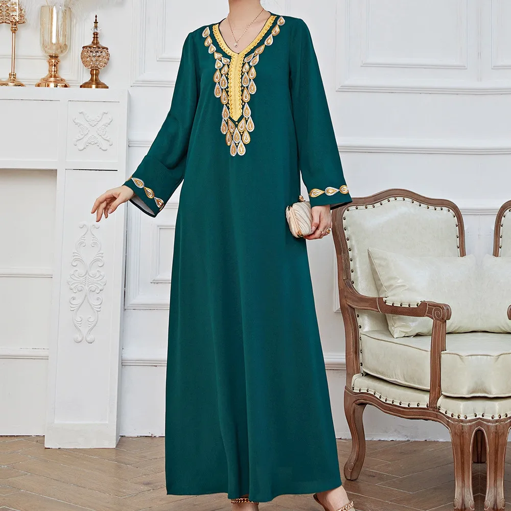 Женское муслиновое платье с вышивкой, длинным рукавом и V-образным вырезом