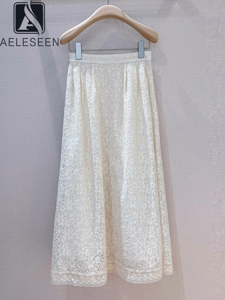 AELESEEN Women Lace Skirt 2023 Spring Summer Runway Fashion Beige Flower Embroidery Classic High Waist Holiday Vacation