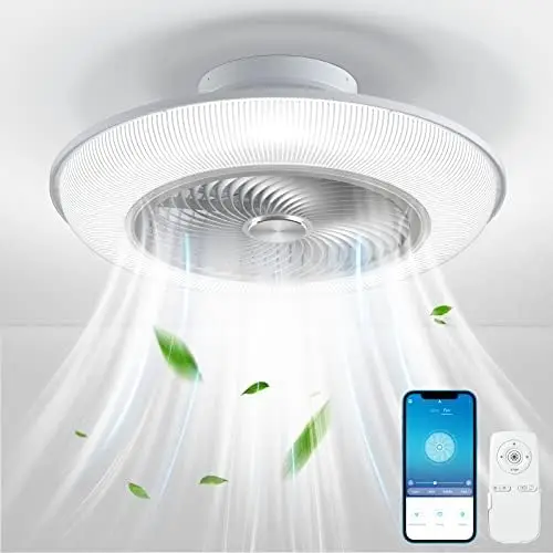 

Fans with Lights Remote Control, Battery Included, 23 In Low Profile Bladeless Fan 360° Angle Airflow, 8 Blades 3 Color Steples