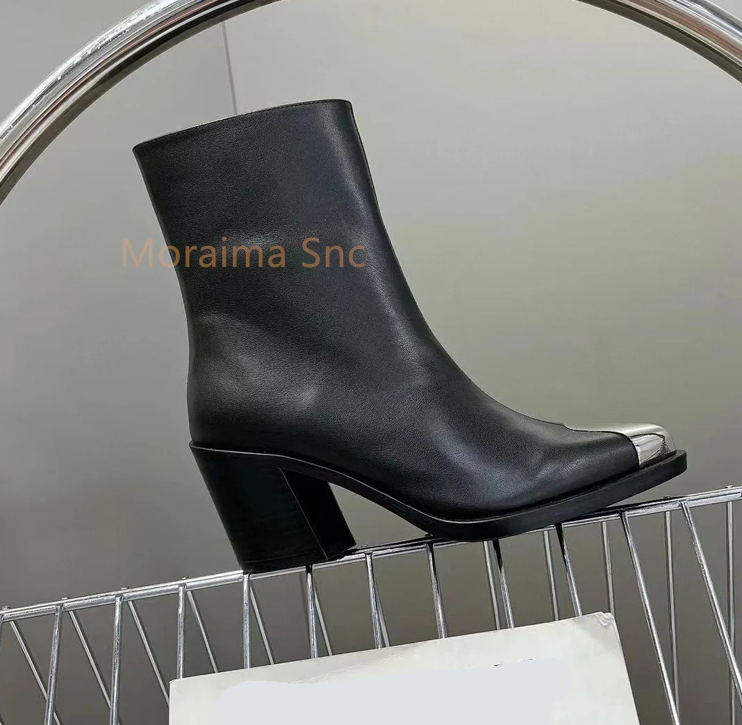 Black Women's Boots Metal Pointed Toe Thick Square Heel Ankle Boots Female British Style Fashion Chelsea Short Boots Side Zipper