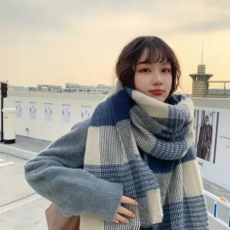 

Imitation cashmere scarf female winter Korean version student versatile Plaid Scarf thickened warm 2022 net Red NEW