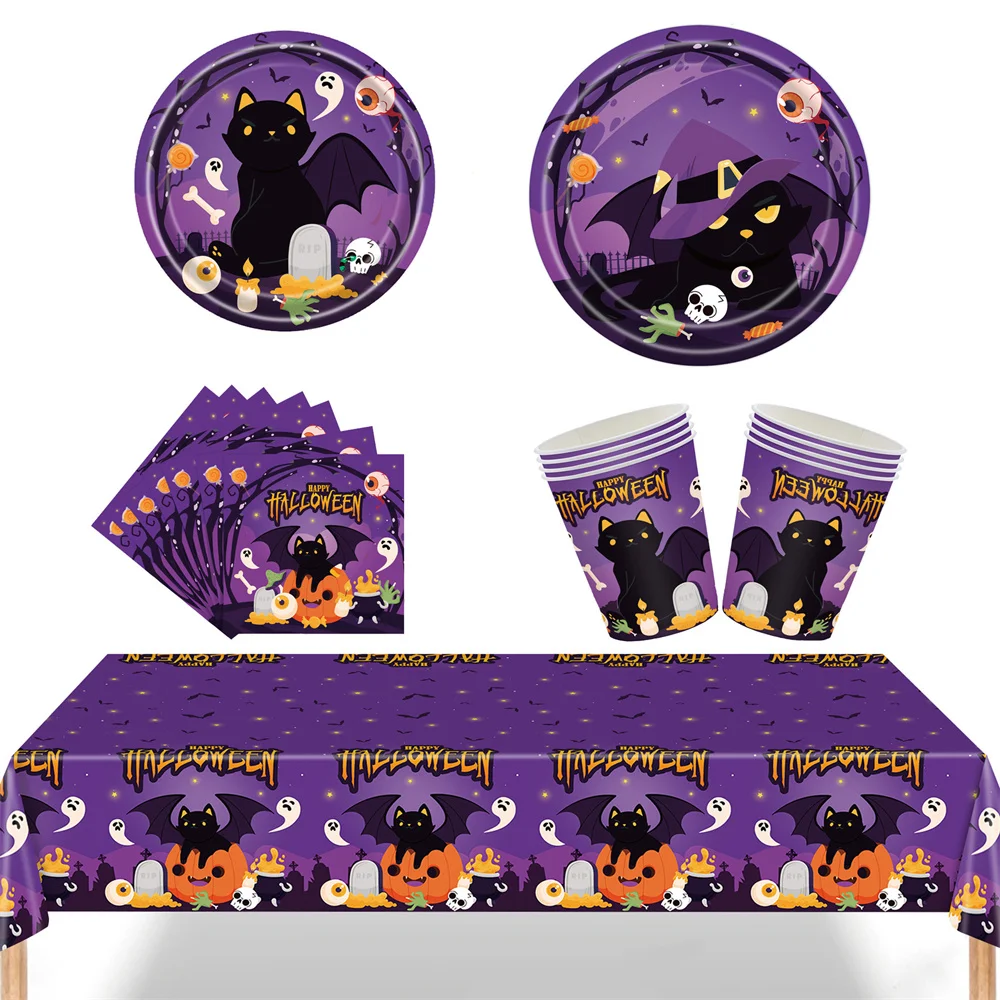 

Devil Halloween Theme Batwing Disposable Tableware Sets For Party Decoration Festival Rave Supplies Tableclothe Plates Cups