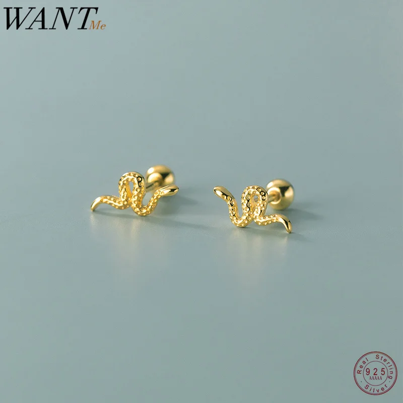 

WANTME 925 Sterling Silver Cute Statement Golden Snake Spiral Bead Small Stud Earrings for Women Punk Ear Bone Piercing Jewelry