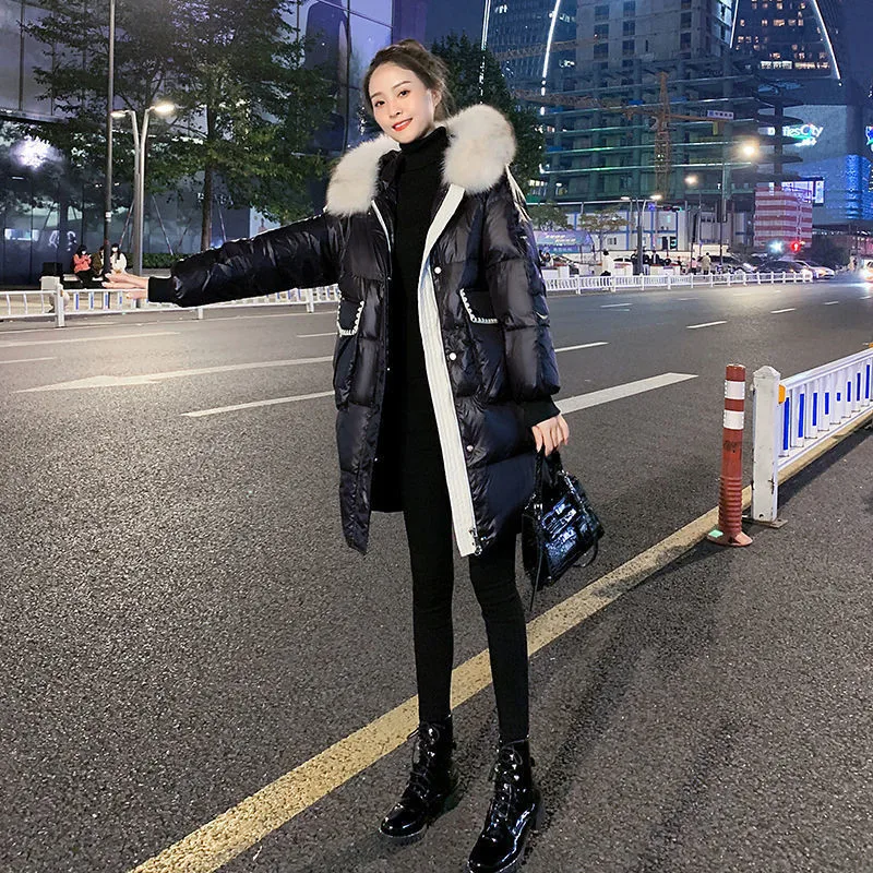 

2022 Winter New Mid-length Cotton Coat Women French Retro Fashion Coat Hooded Big Fur Collar Thick Padded Jacket Black JD2177