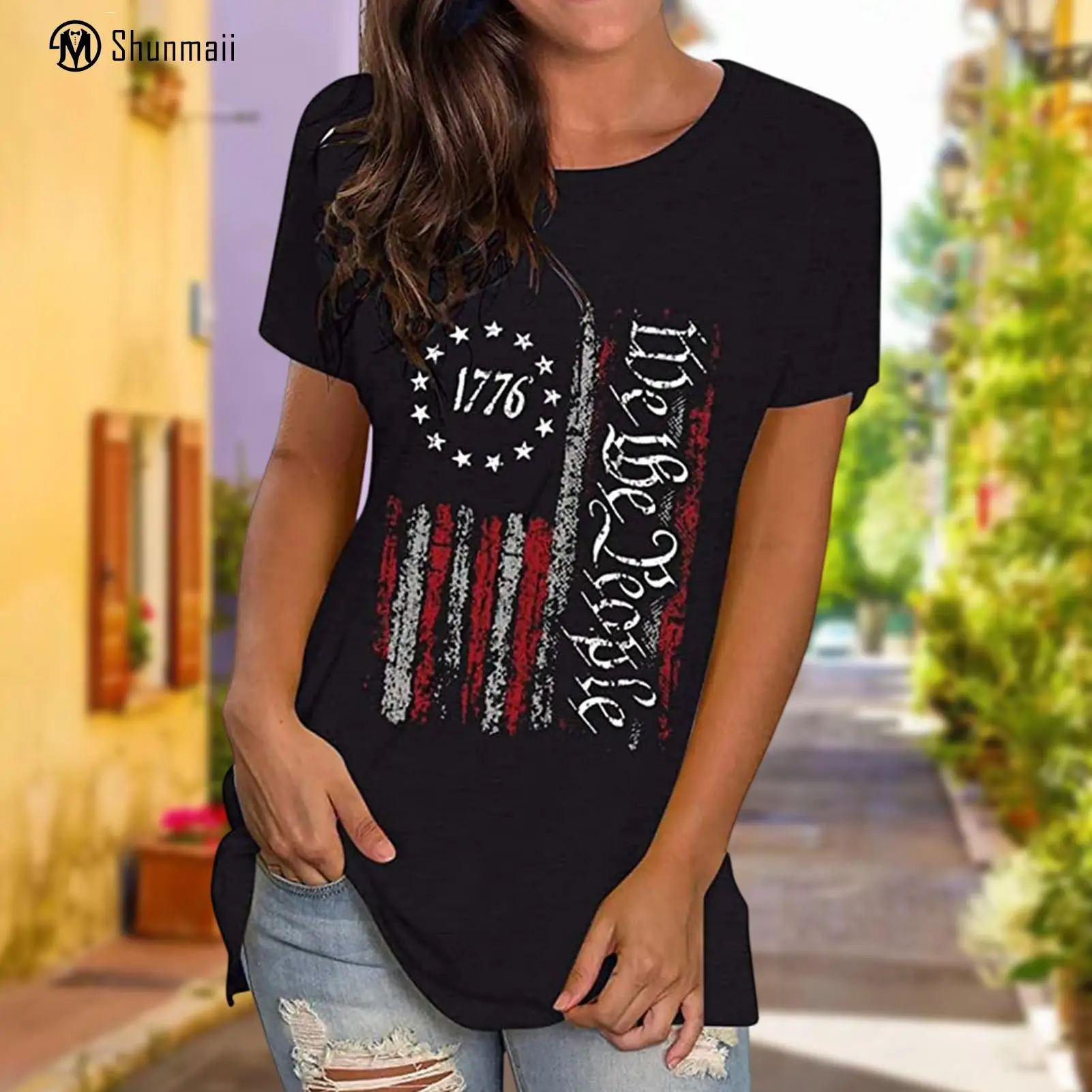 

Женская патриотическая блузка с топом, модная футболка на День Независимости, Повседневная Уличная Одежда большого размера с круглым вырезом для отпуска