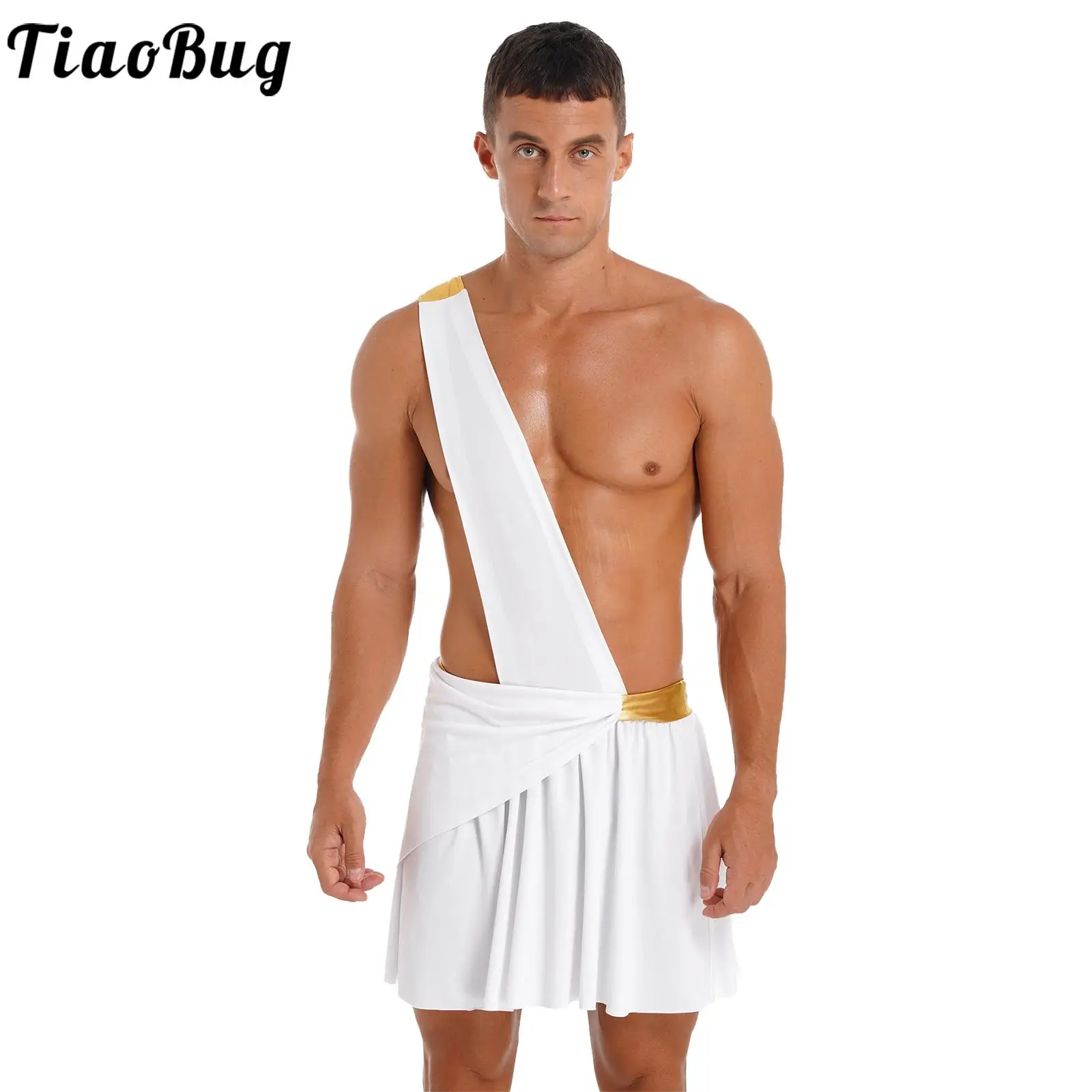 

Tiaobug Mens Asymmetrical Role Play One Shoulder Straps Patchwork Jumpsuit Waistband Ruffle Skirt for Halloween Theme Party Wear