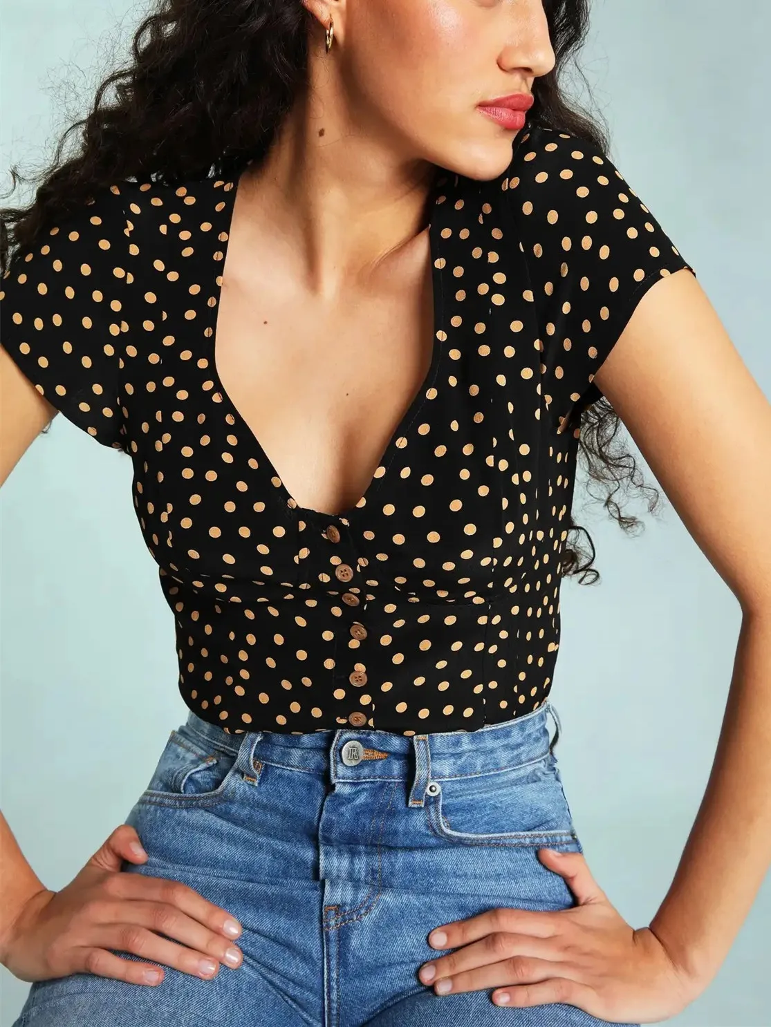 

Women's Polka Dot Viscose Short Blouses 2022 New V-Neck Slim Single Breasted Short-sleeve Lady Sexy Shirt