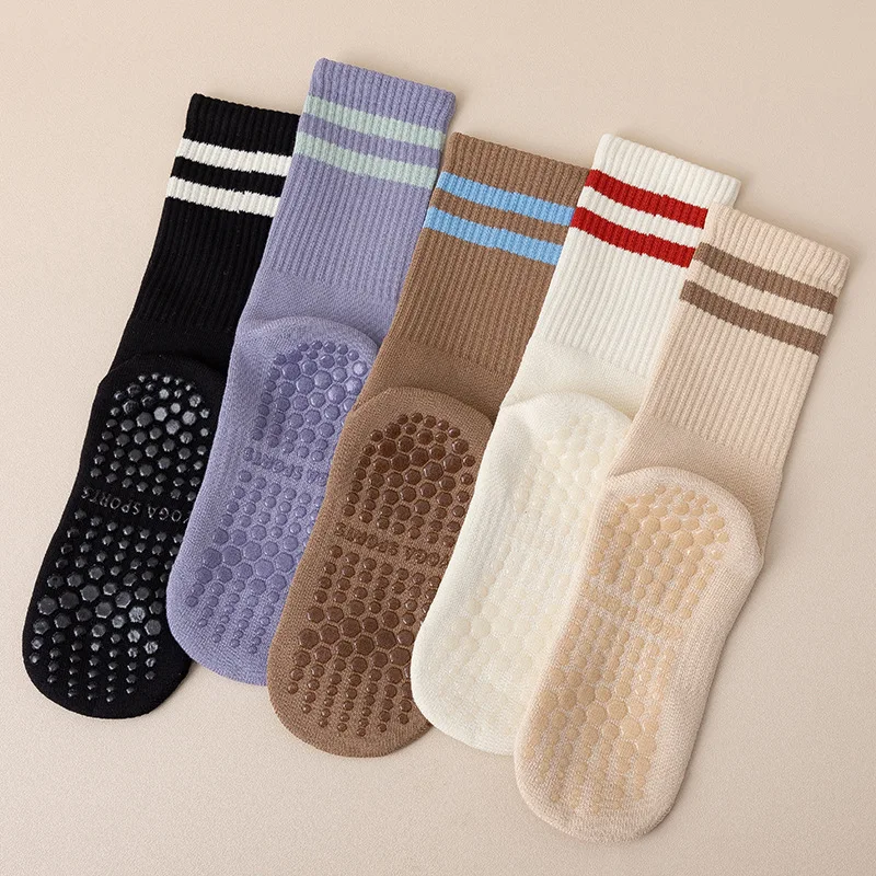 Solid Color Striped Mid-calf Yoga Socks Cotton Breathable Non-slip Pilates Socks Fitness Dance Floor Socks Sport Yoga Aids Socks
